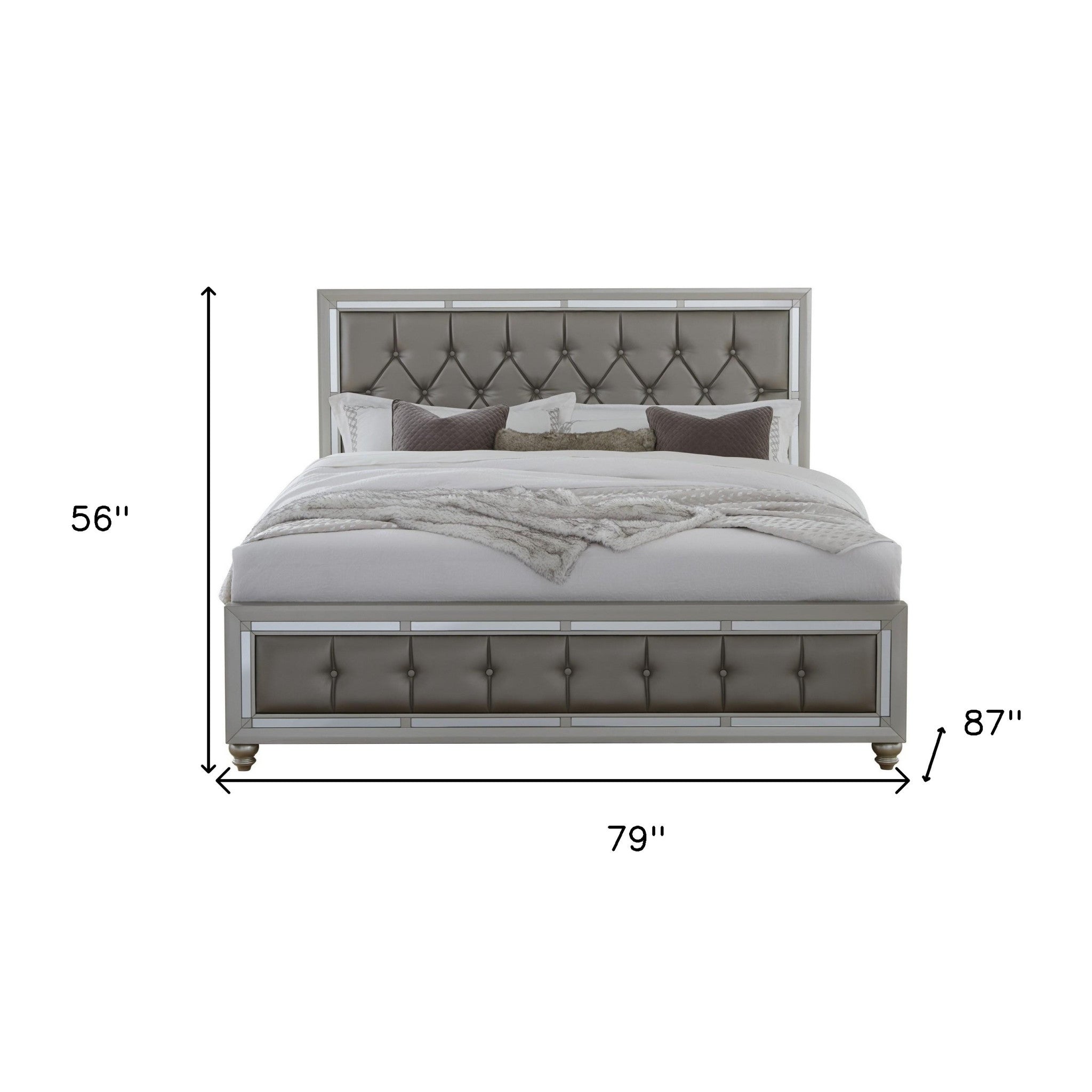 Solid Wood Full Tufted Silver Upholstered Linenno Bed With Nailhead Trim