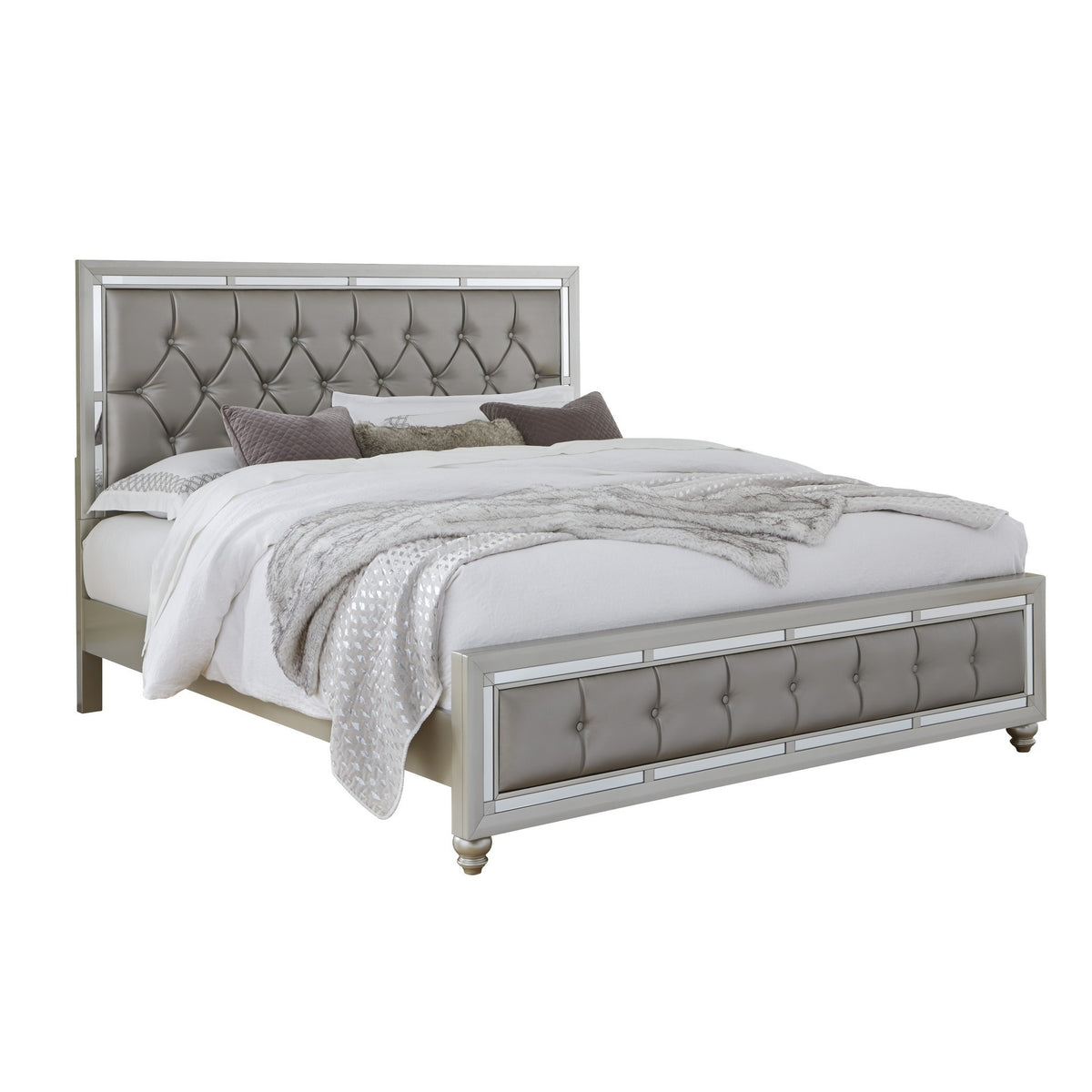 Silver Wood And Tufted Linen Queen Bed Frame With Nailhead Trim