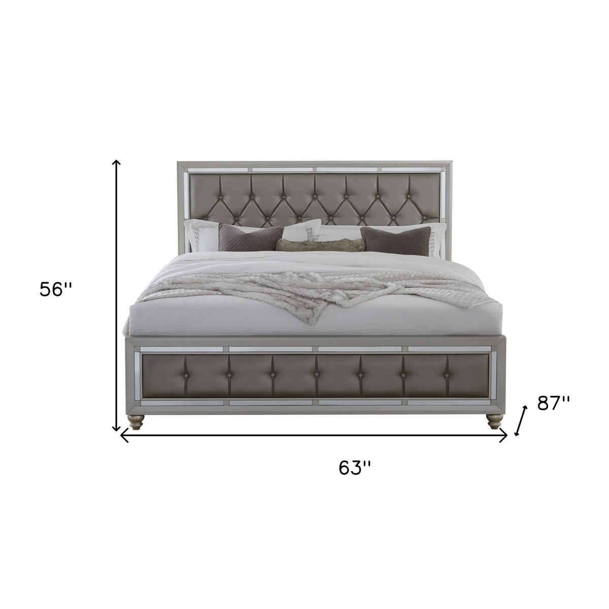 Silver Wood And Tufted Linen Queen Bed Frame With Nailhead Trim