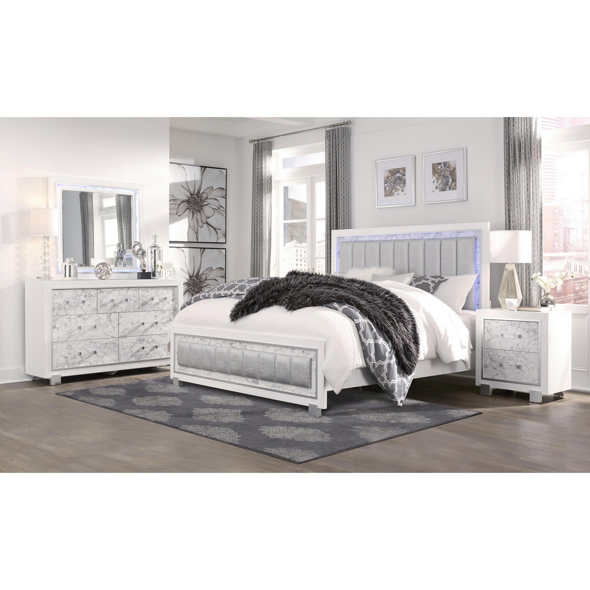 Modern Luxurious White Queen Bed With Padded Headboard  Led Lightning