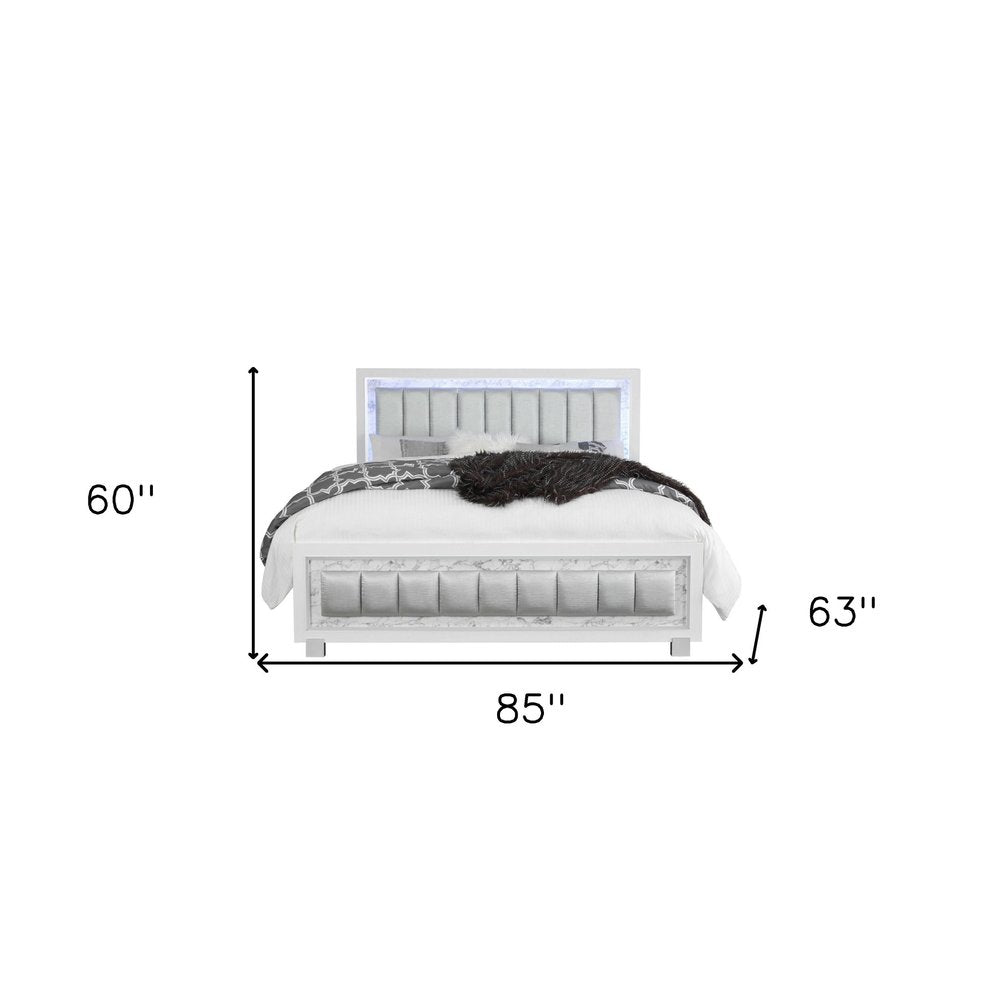 White Solid Wood And Faux Leather Lighted King Bed Frame With No