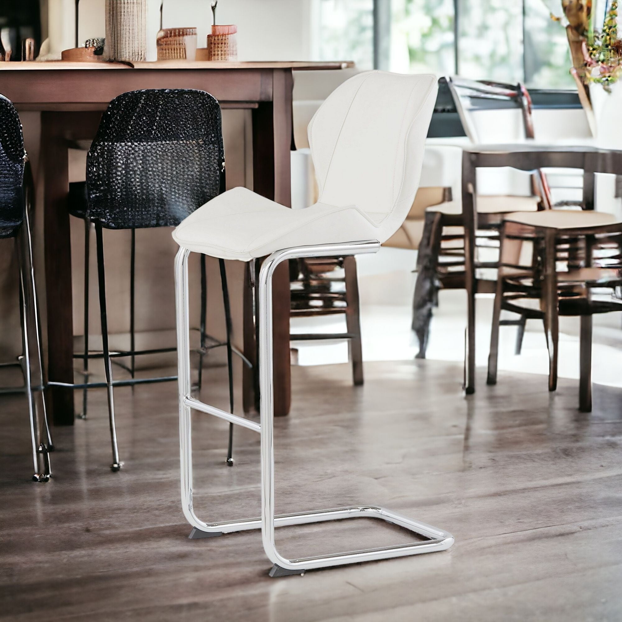 Set of Four 26 " White And Silver Metal Low Back Bar Height Bar Chairs