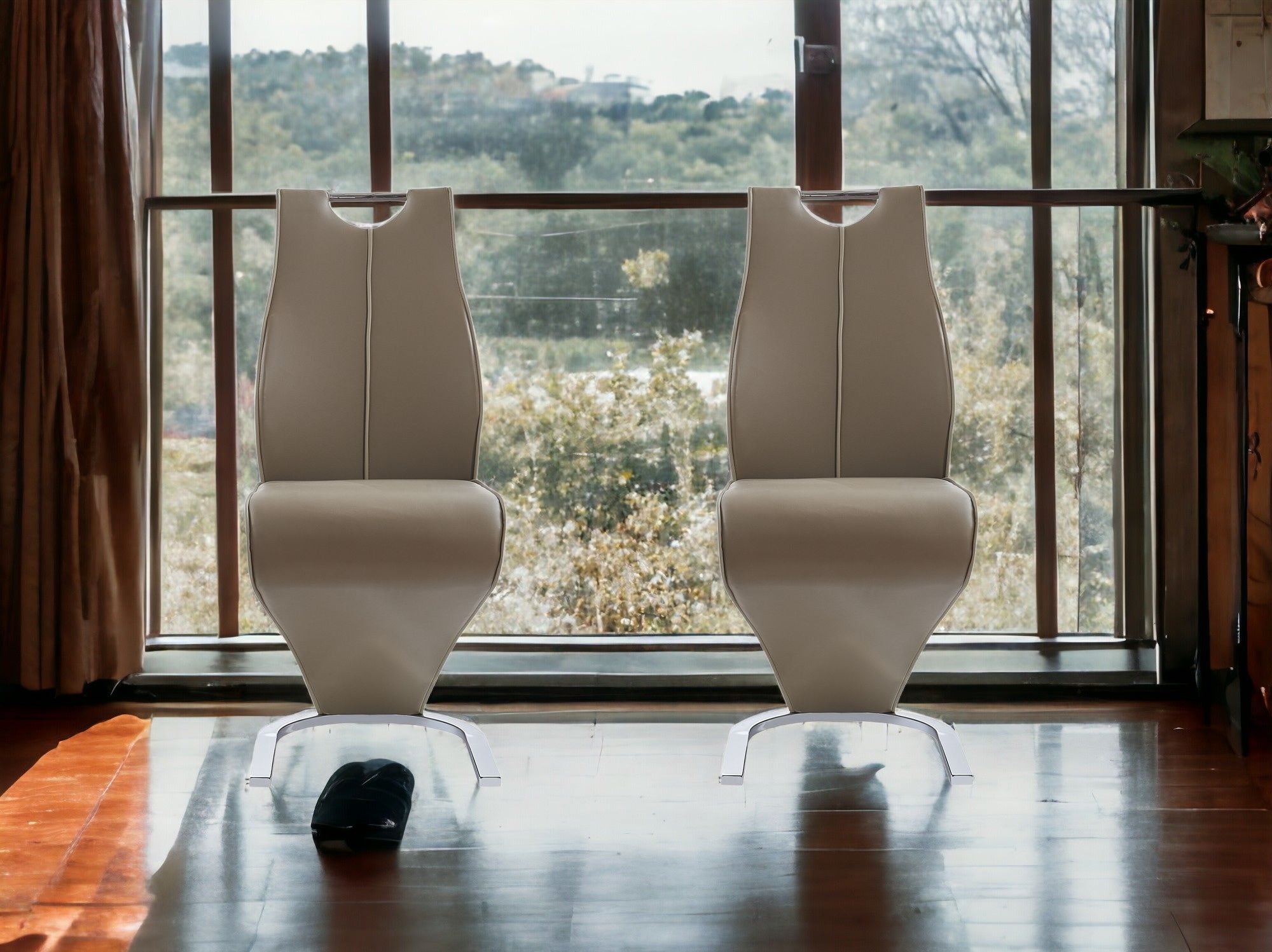 Set of Two Brown and Silver Upholstered Faux Leather Dining Parsons Chairs