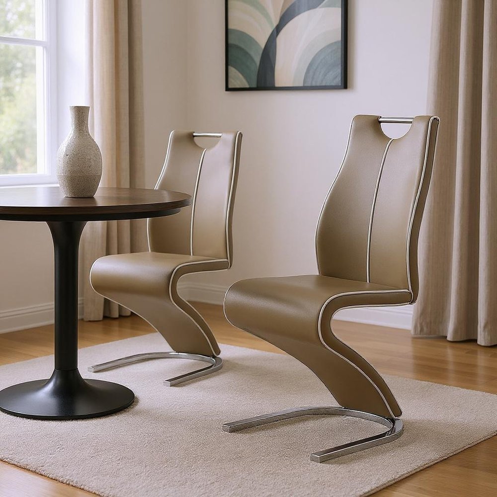 Set of Two Brown and Silver Upholstered Faux Leather Dining Parsons Chairs