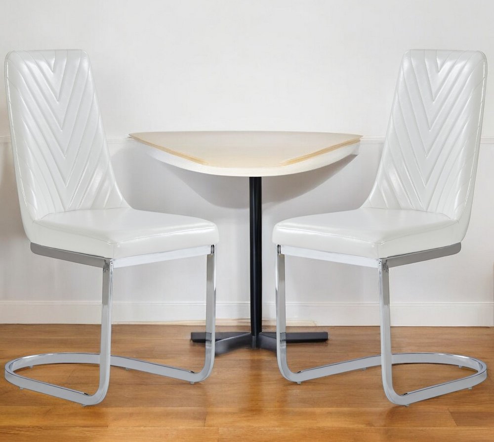 Set of Two White and Silver Upholstered Dining Side Chairs