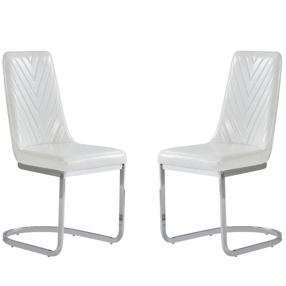 Set of Two White and Silver Upholstered Dining Side Chairs