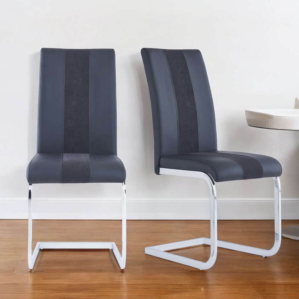 Set of Four Black and Silver Upholstered Faux Leather Dining Side Chairs