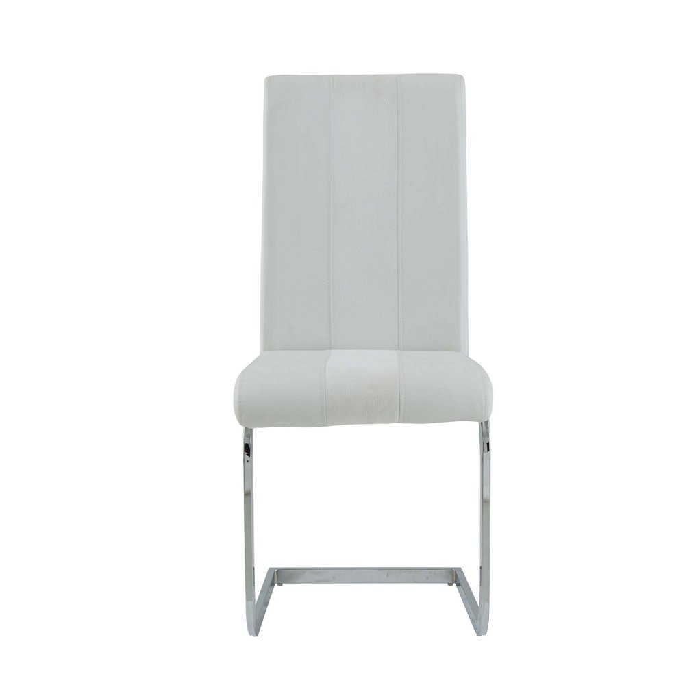 Set of Four White and Silver Upholstered Faux Leather Dining Side Chairs