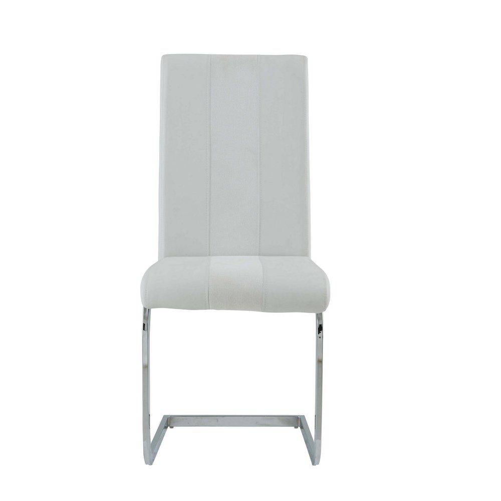 Set of Four White and Silver Upholstered Faux Leather Dining Side Chairs