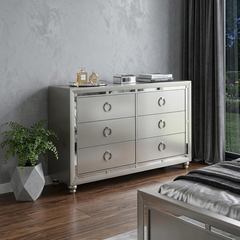 33" Silver Solid Wood Mirrored Five Drawer Dresser