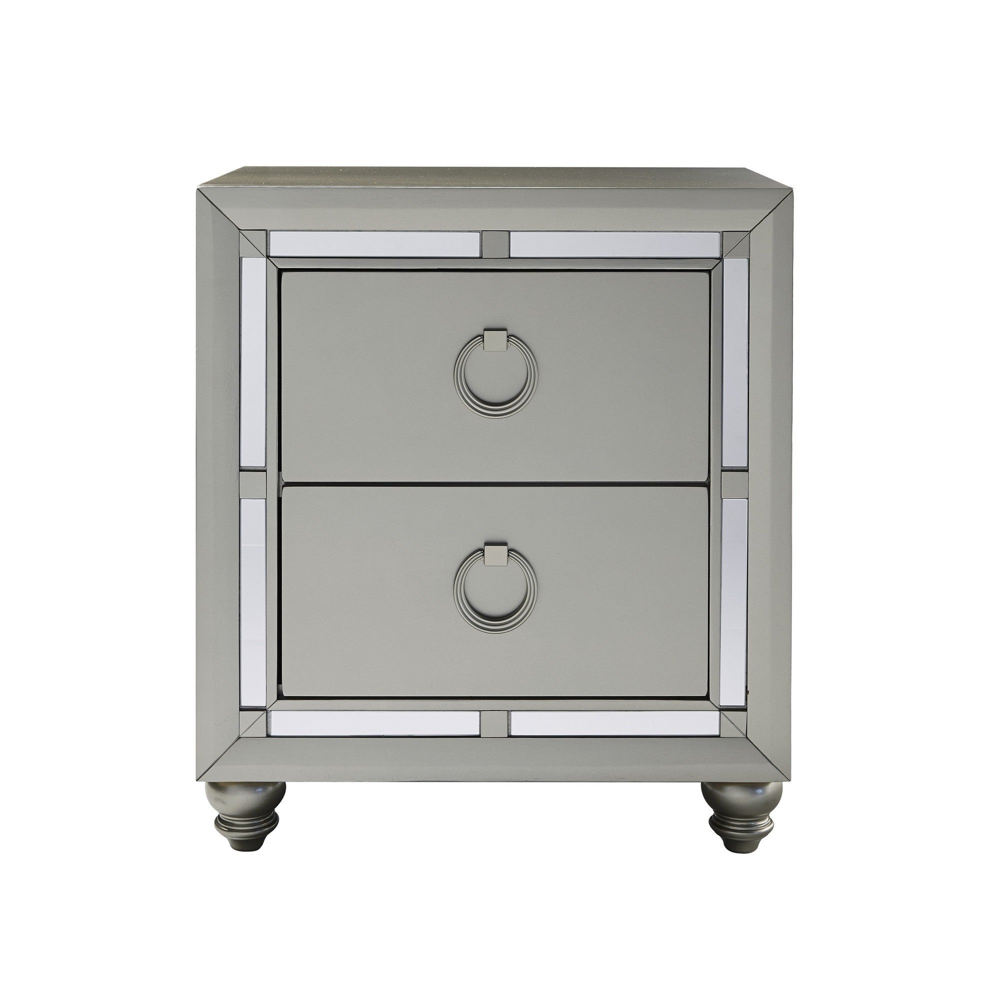 Silver Champagne Tone Nightstand With 2 Drawer  Mirror Trim Accent