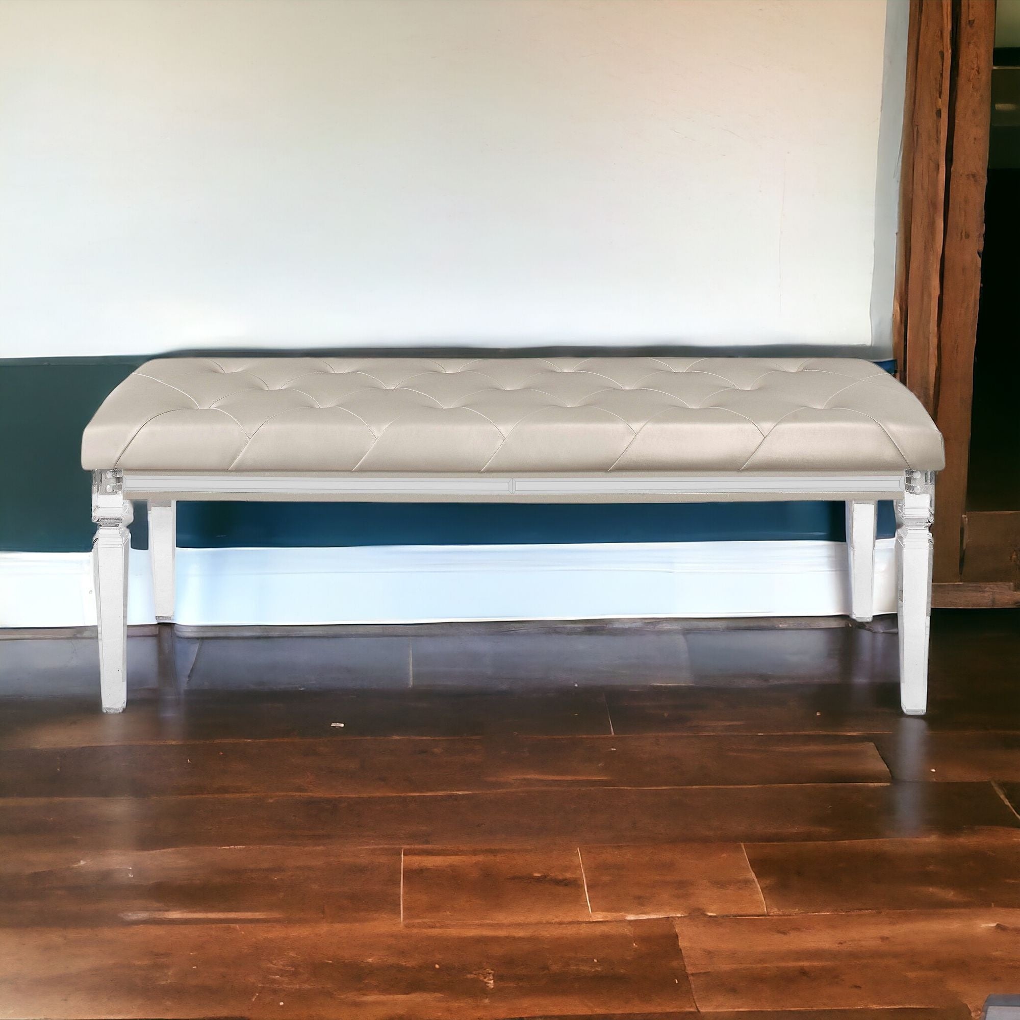 54" Champagne and Clear Upholstered Faux Leather Bench