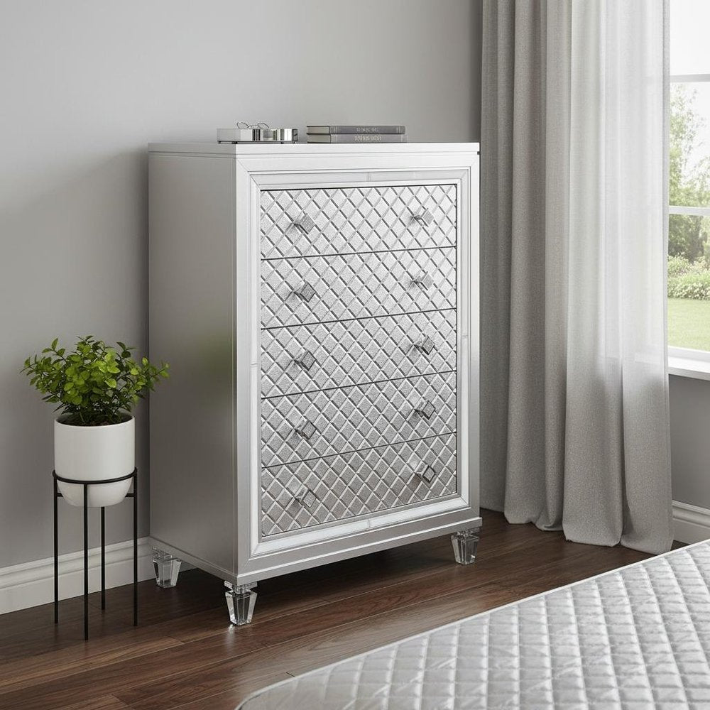 Champagne Toned Chest With Tapered Acrylic Legs And 5 Drawers