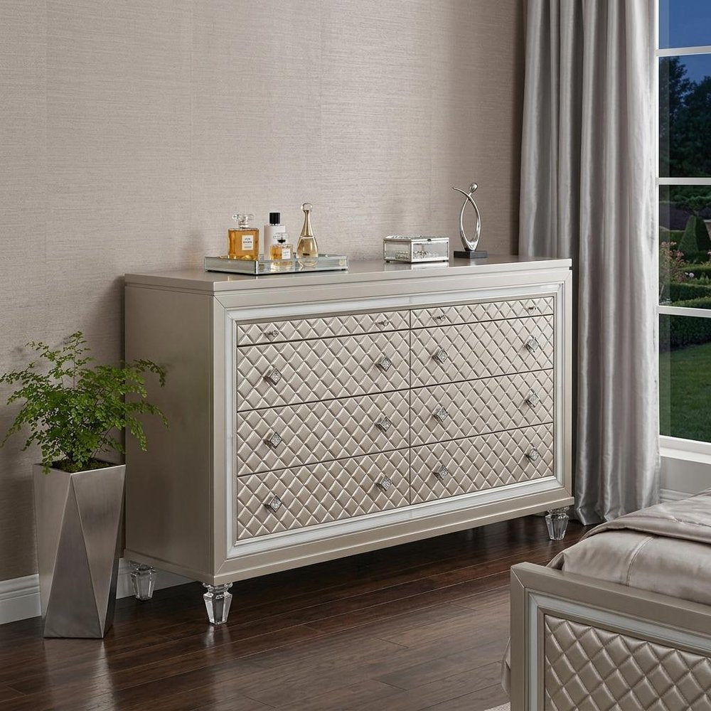 Champagne Toned Chest With Tapered Acrylic Legs And 5 Drawers