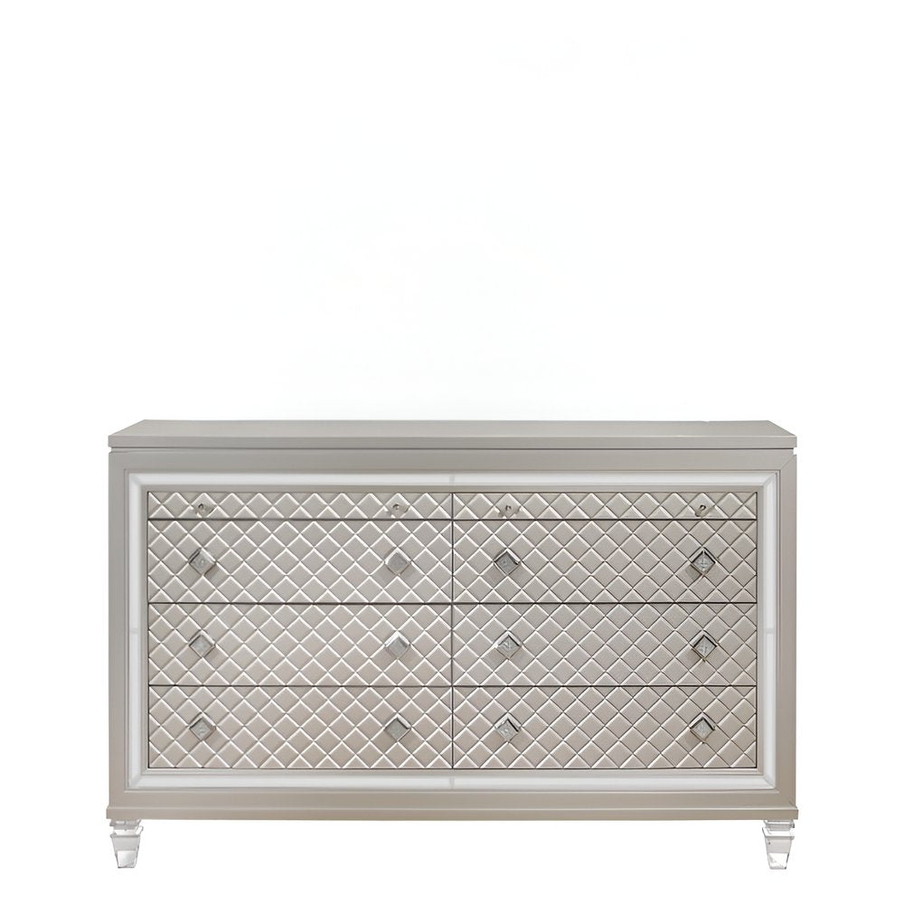 65" Champagne Solid Wood With Bling Six Drawer Double Dresser