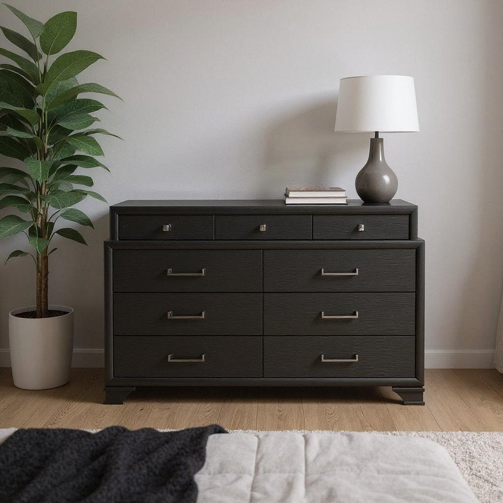 59" Gray Solid Wood Nine Drawer Double Dresser