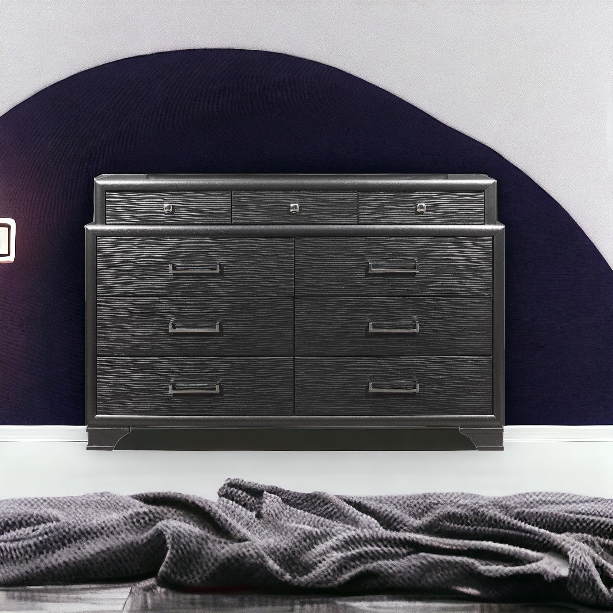 59" Gray Solid Wood Nine Drawer Double Dresser