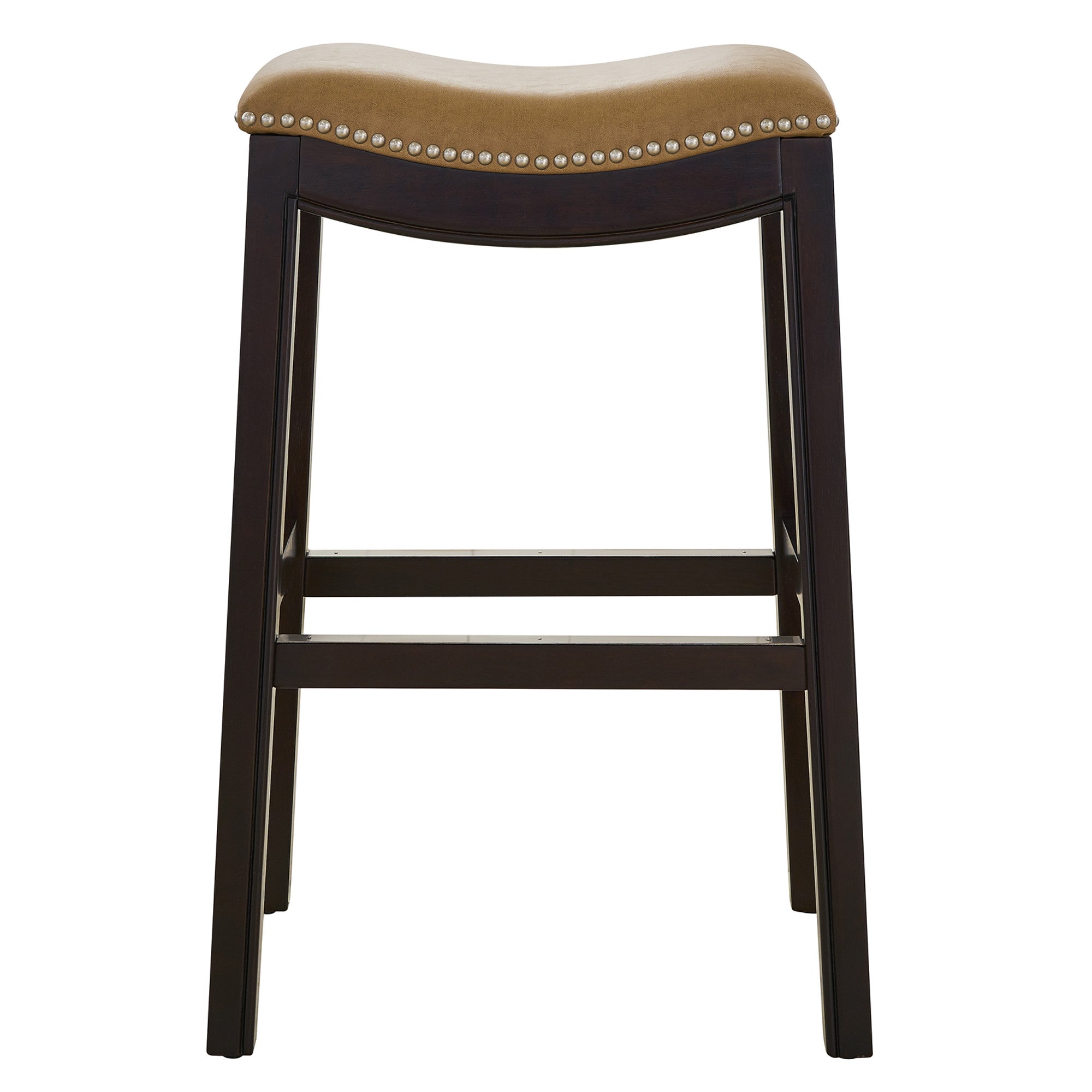 31" Tan And Espresso Faux Leather And Solid Wood Backless Counter Height Bar Chair