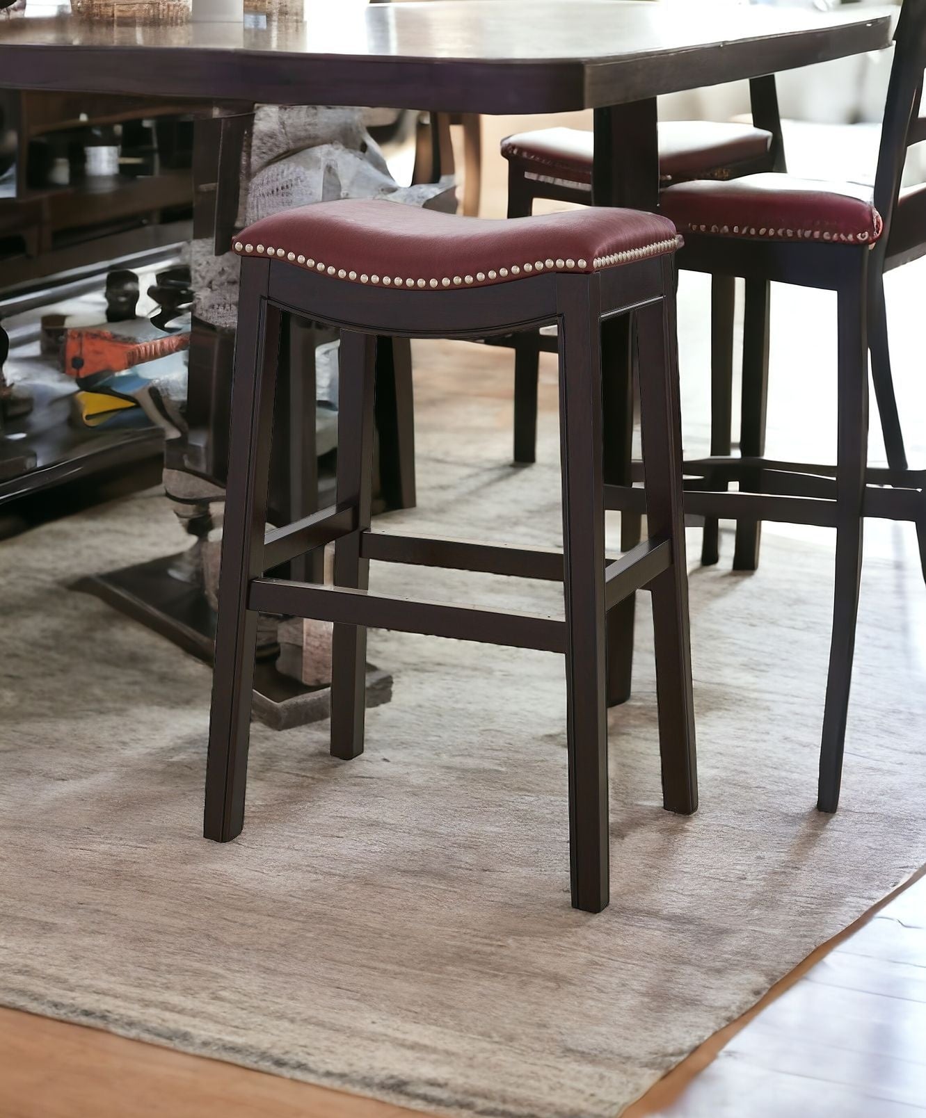 31" Dark Red and Espresso Solid Wood Backless Bar Chair