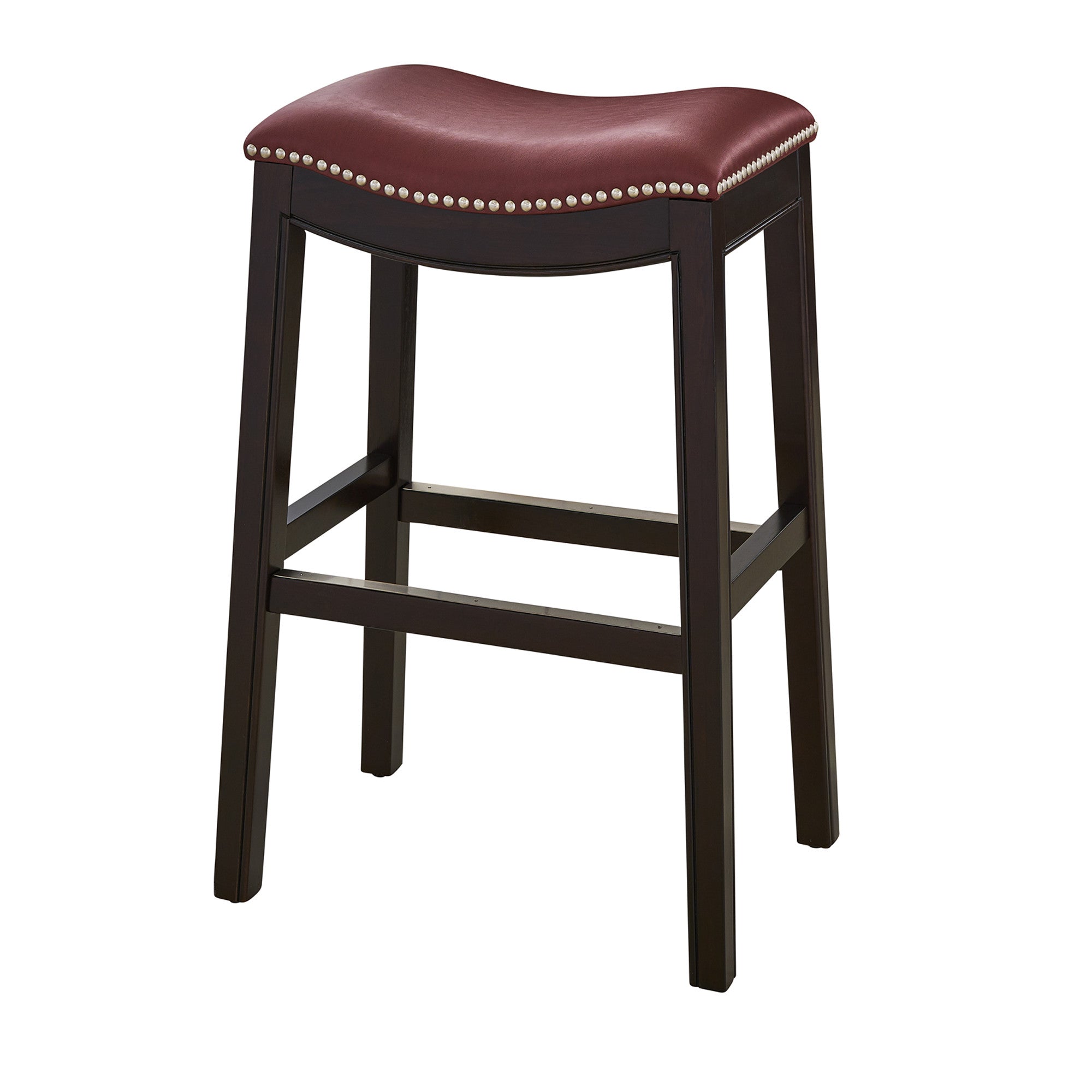 31" Dark Red And Espresso Faux Leather And Solid Wood Backless Counter Height Bar Chair