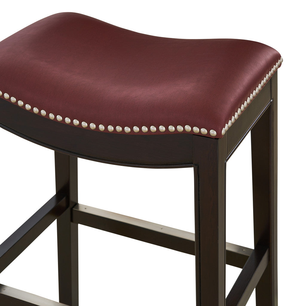 26" Dark Red And Espresso Faux Leather And Solid Wood Backless Counter Height Bar Chair