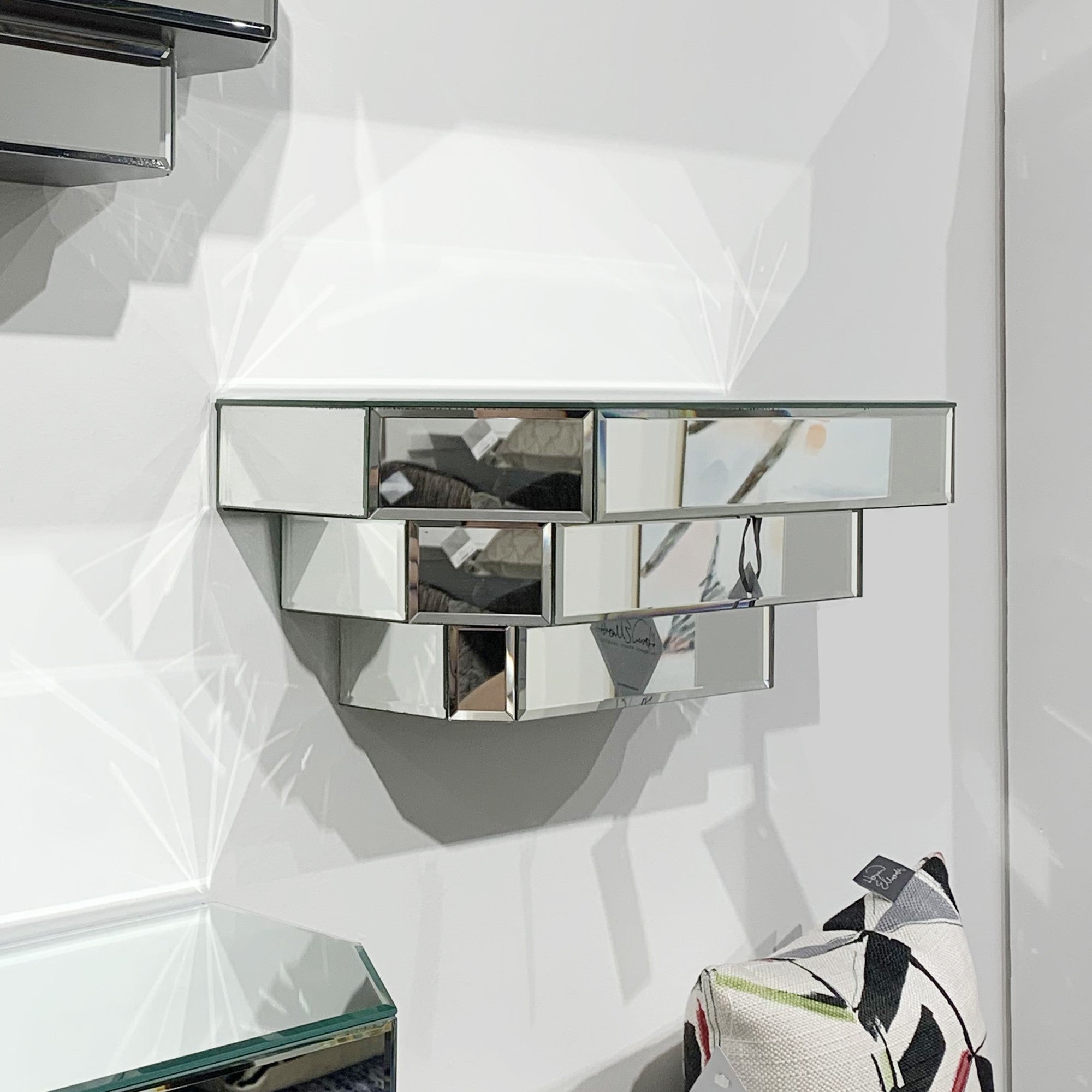Contemporary Floating Mirrored Glass Stepped Shelf