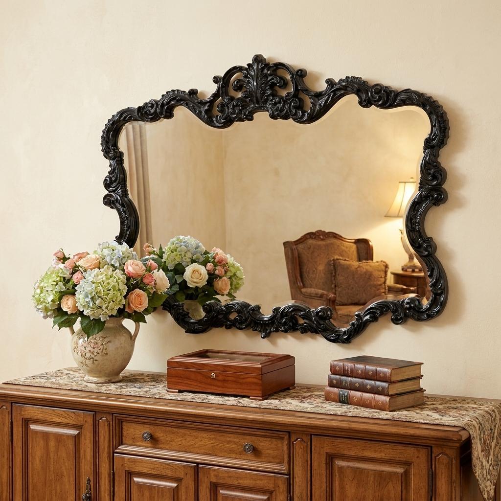 27" Black Ornate Scroll Framed Accent Mirror