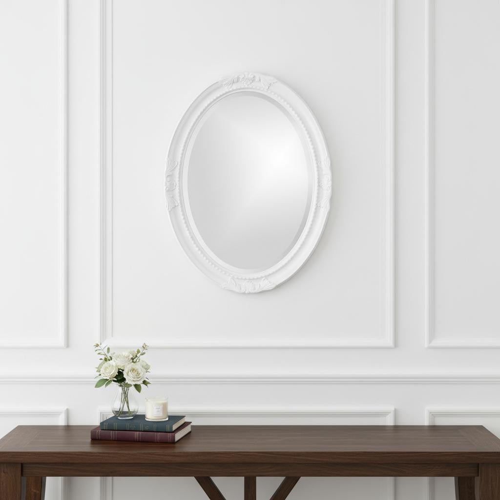 Oval Mirror In A Glossy White Wood Frame