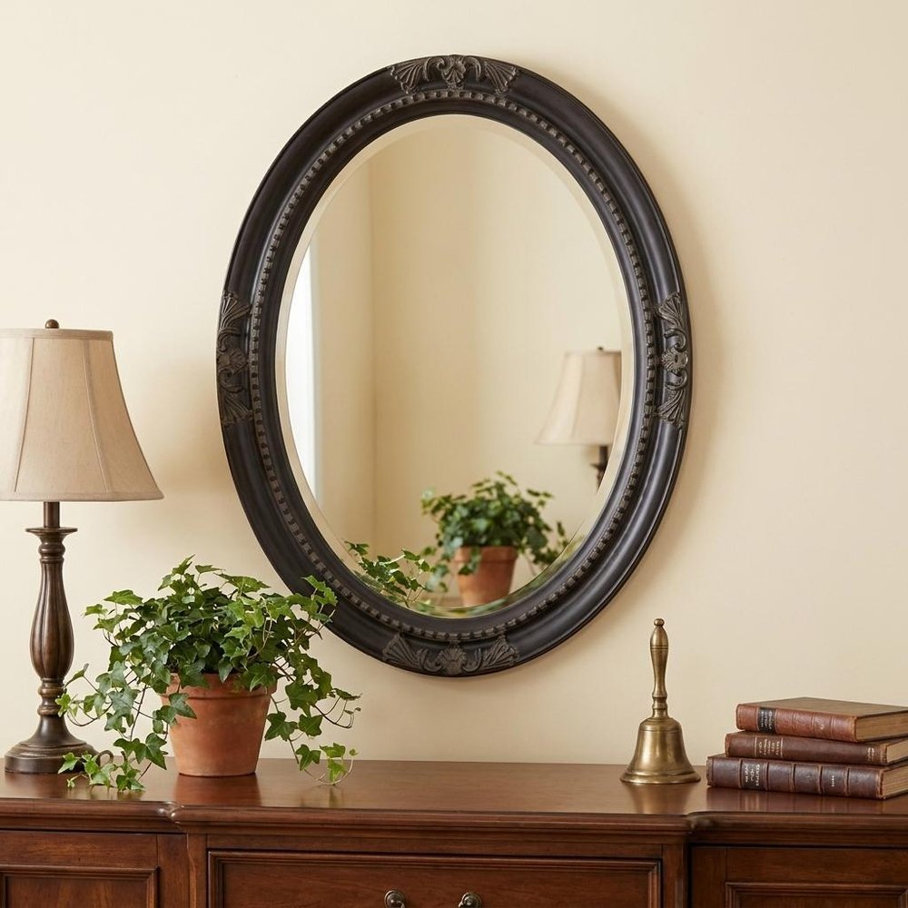 33" Black Ornate Oval Wood Framed Accent Mirror
