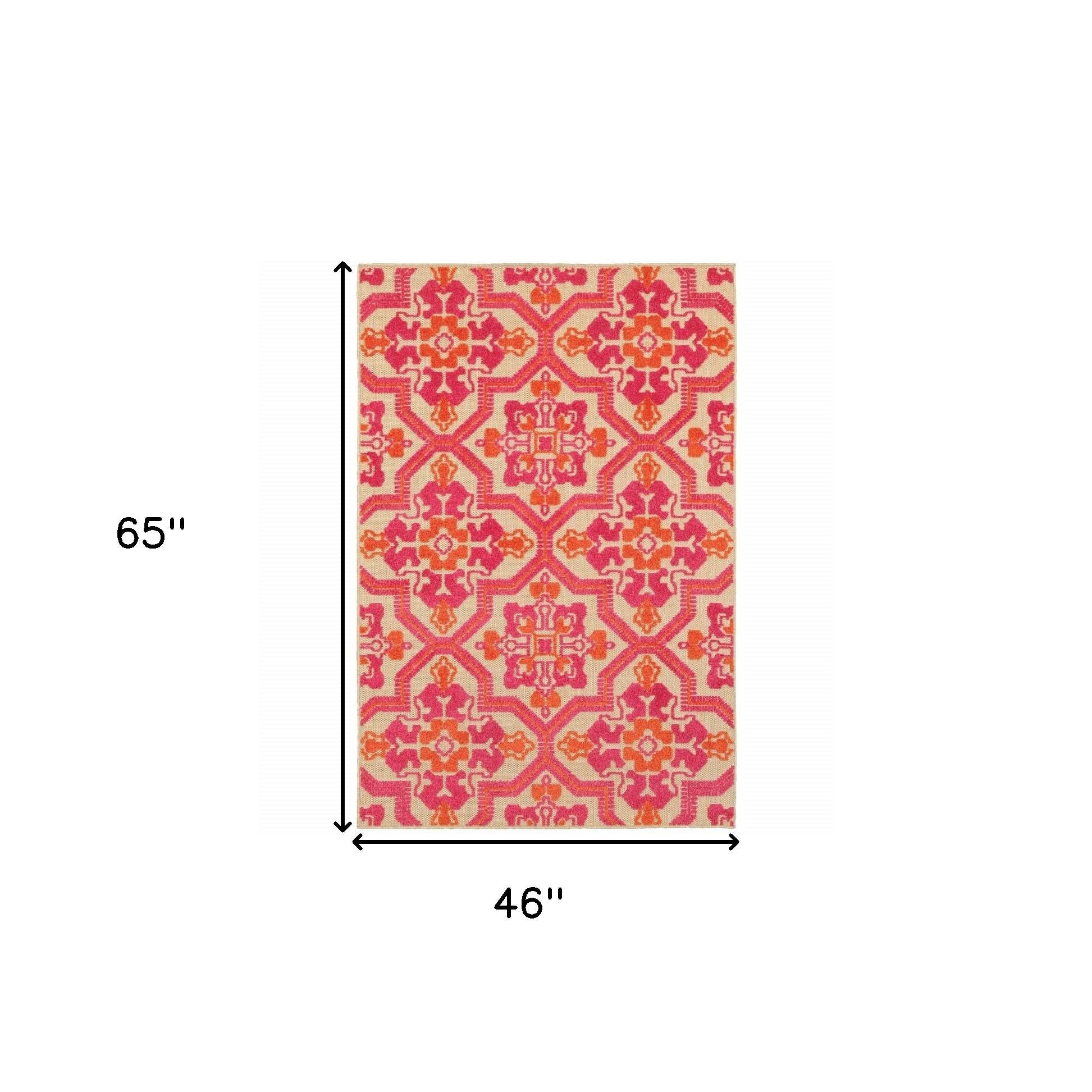 4' X 5' Pink and Orange Medallion Indoor Outdoor Area Rug