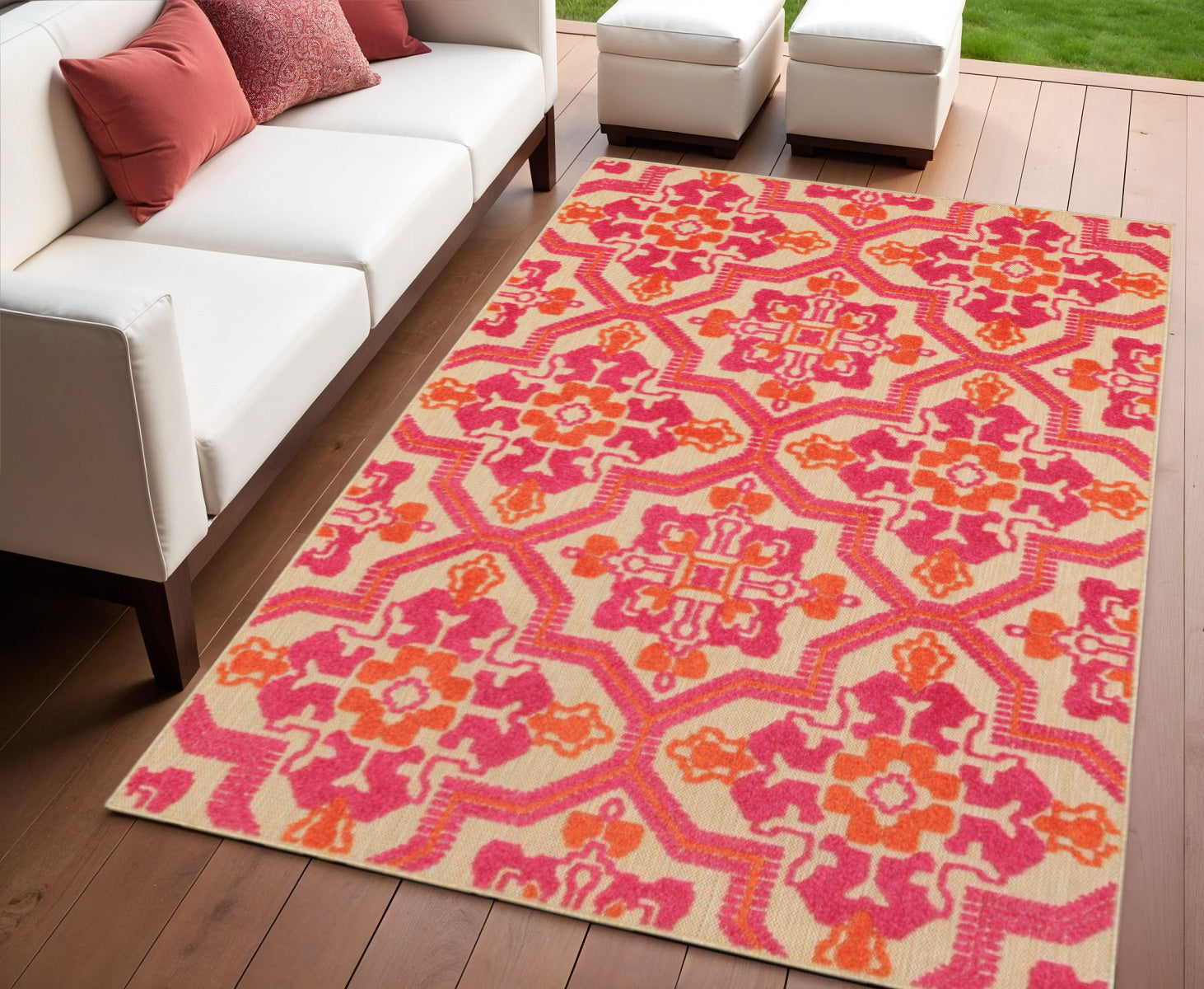 4' X 5' Pink and Orange Medallion Indoor Outdoor Area Rug