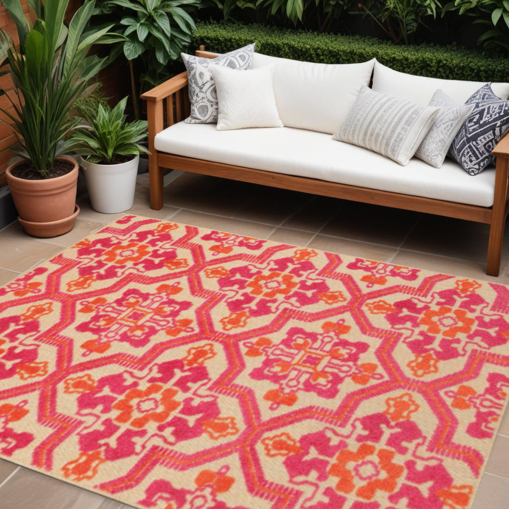 10' X 13' Pink And Orange Moroccan Indoor Outdoor Area Rug