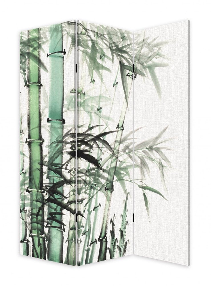 72" Green And White Canvas Folding Three Panel Screen Room Divider