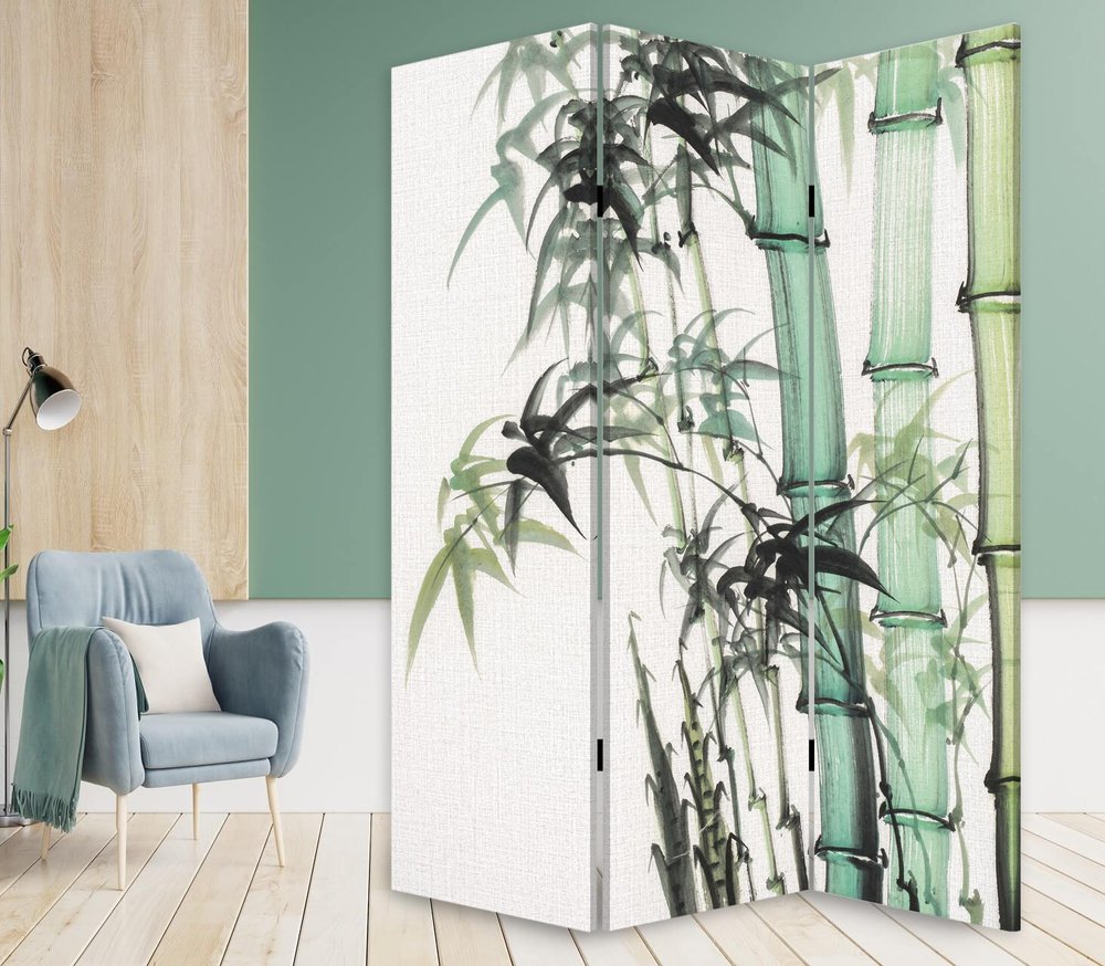 72" Green And White Canvas Folding Three Panel Screen Room Divider