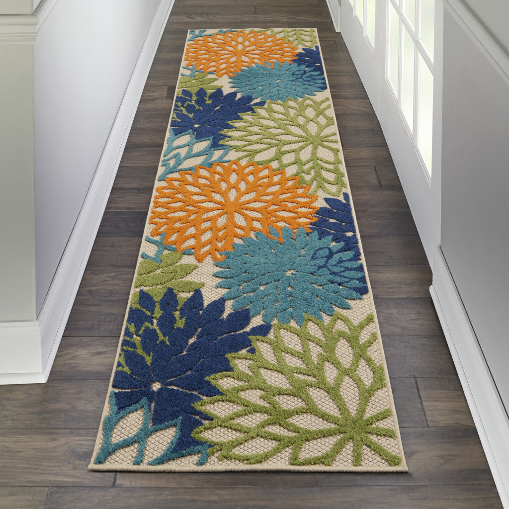 6' Ivory And Blue Indoor Outdoor Runner Rug