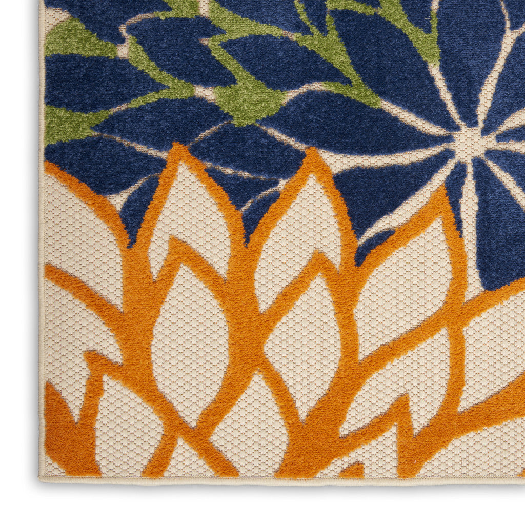 12' Ivory And Blue Floral Indoor Outdoor Runner Rug