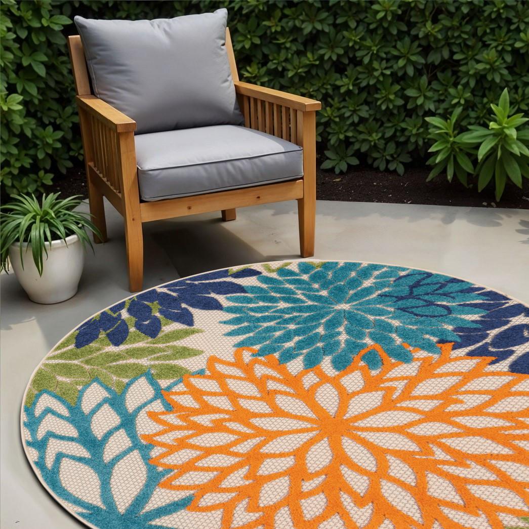4' Ivory And Blue Round Indoor Outdoor Area Rug