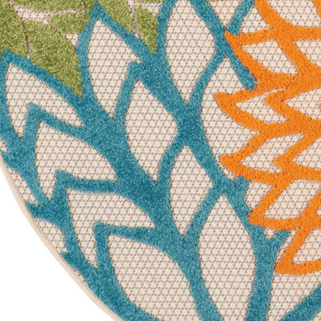 4' Ivory And Blue Round Indoor Outdoor Area Rug