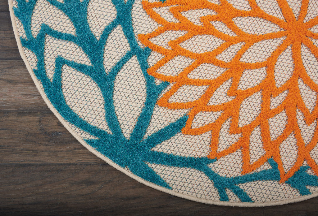 4' Ivory And Blue Round Indoor Outdoor Area Rug