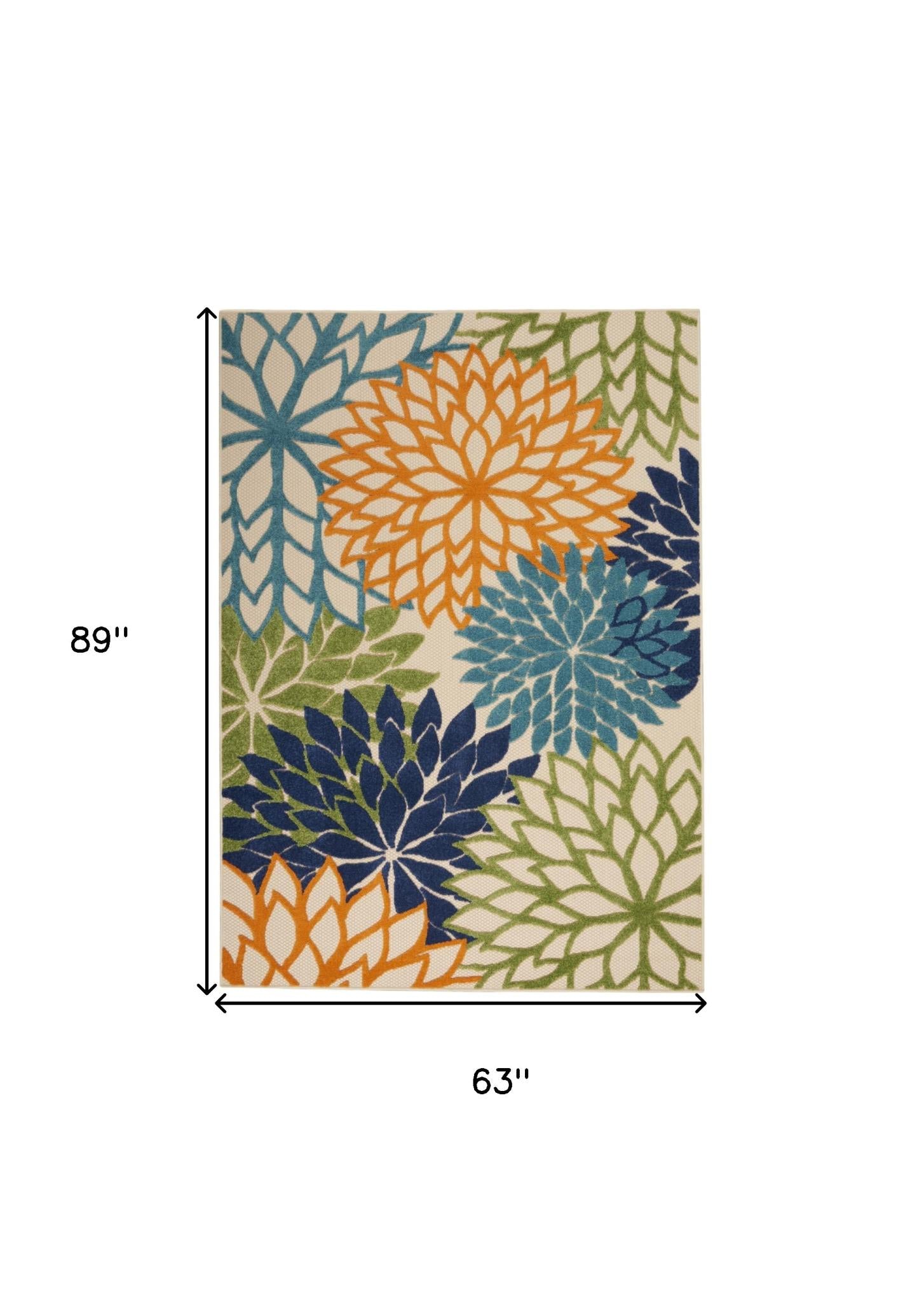 5' X 8' Ivory And Blue Floral Indoor Outdoor Area Rug