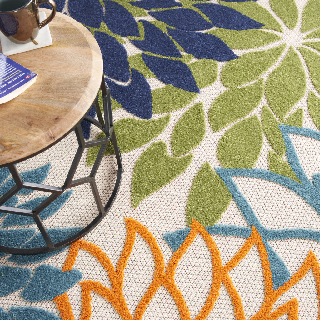 8' Ivory And Blue Round Indoor Outdoor Area Rug