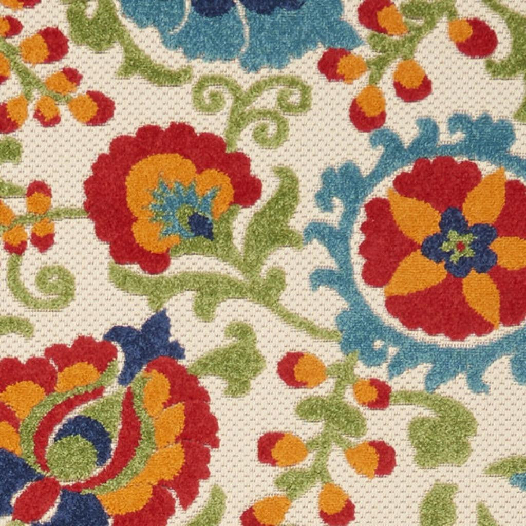 12' Green And Ivory Floral Indoor Outdoor Runner Rug