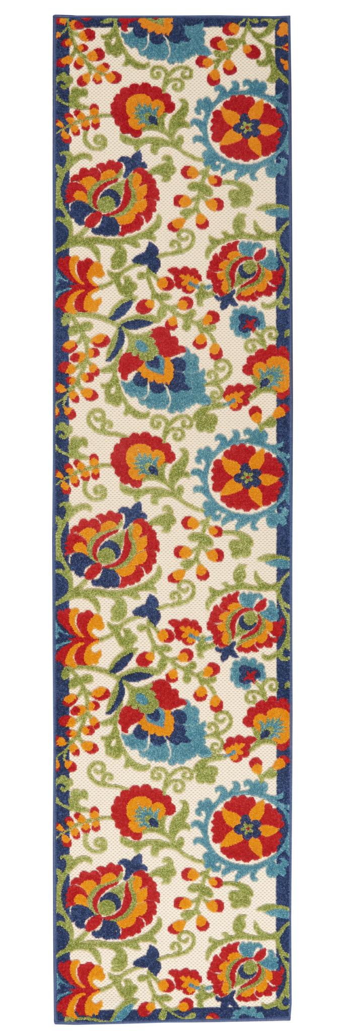 12' Green And Ivory Floral Indoor Outdoor Runner Rug