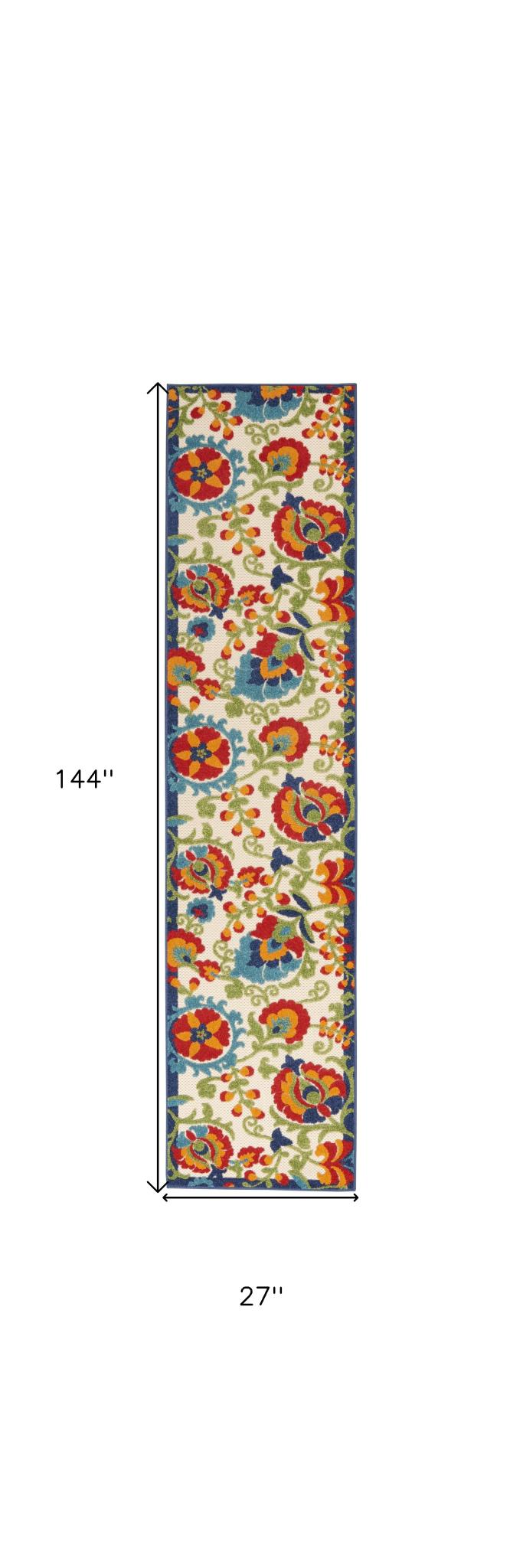 12' Green And Ivory Floral Indoor Outdoor Runner Rug
