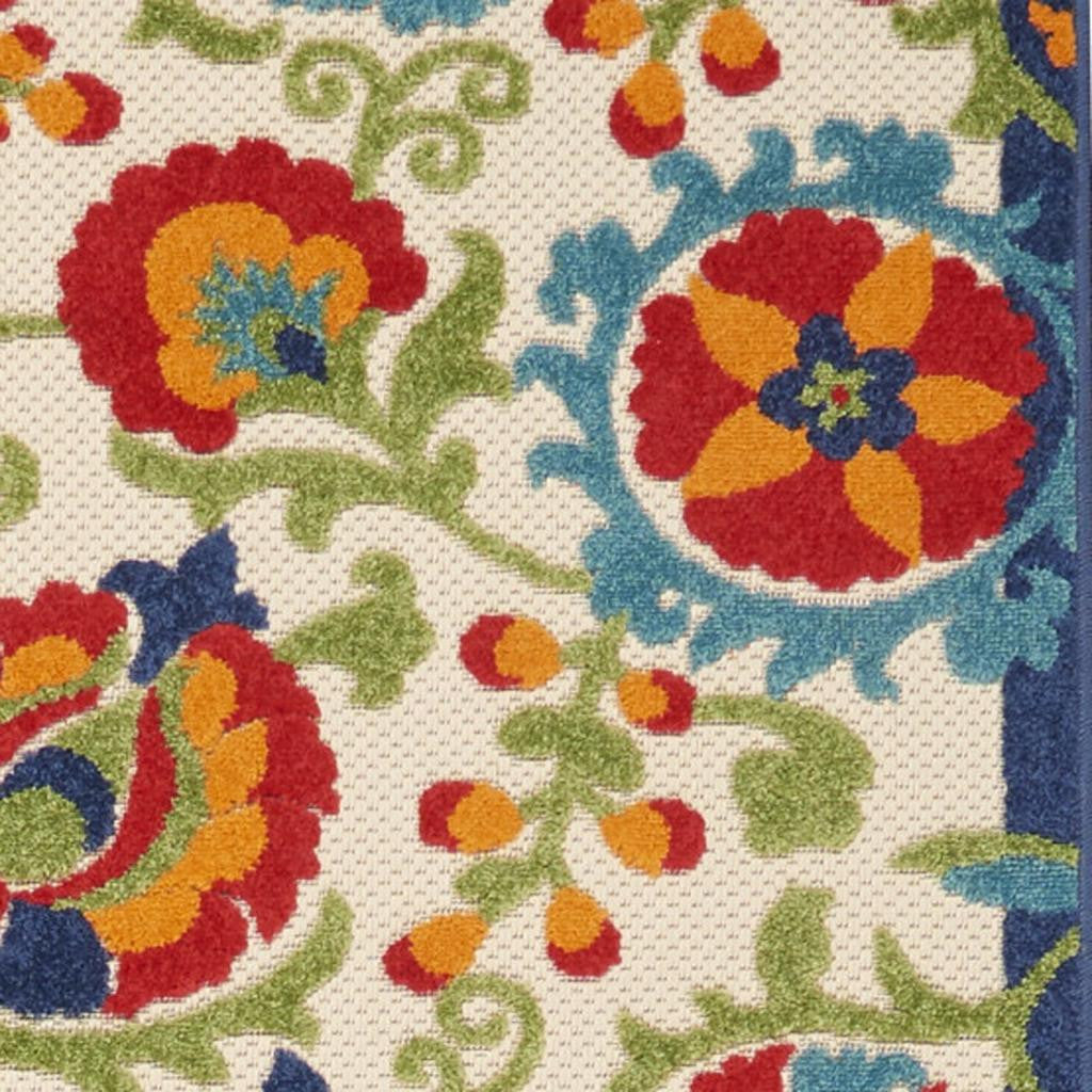 12' Green And Ivory Floral Indoor Outdoor Runner Rug