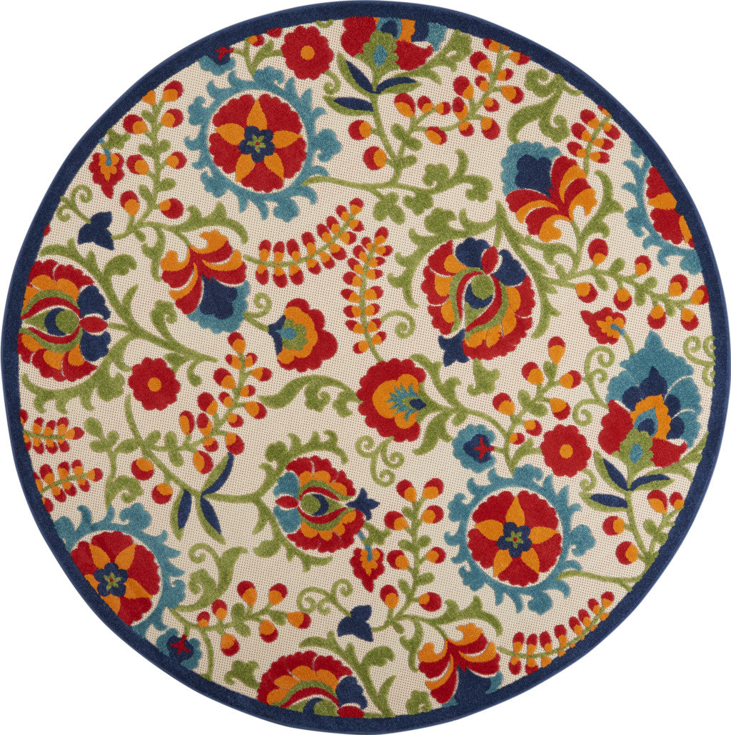 4' Green And Ivory Round Indoor Outdoor Area Rug