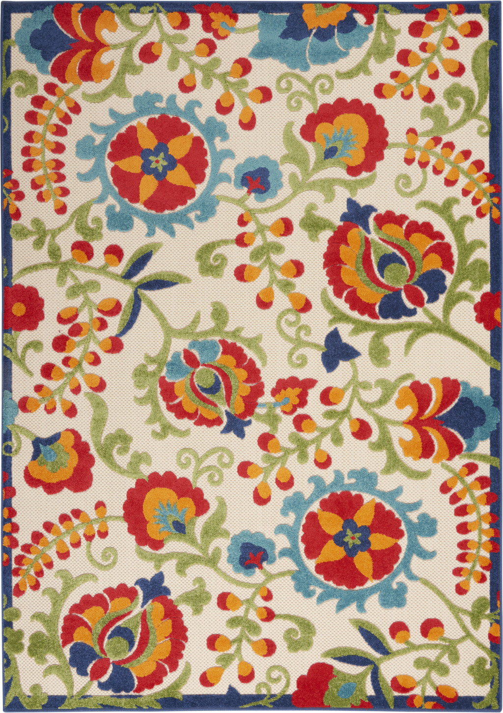5' X 8' Green And Ivory Floral Indoor Outdoor Area Rug