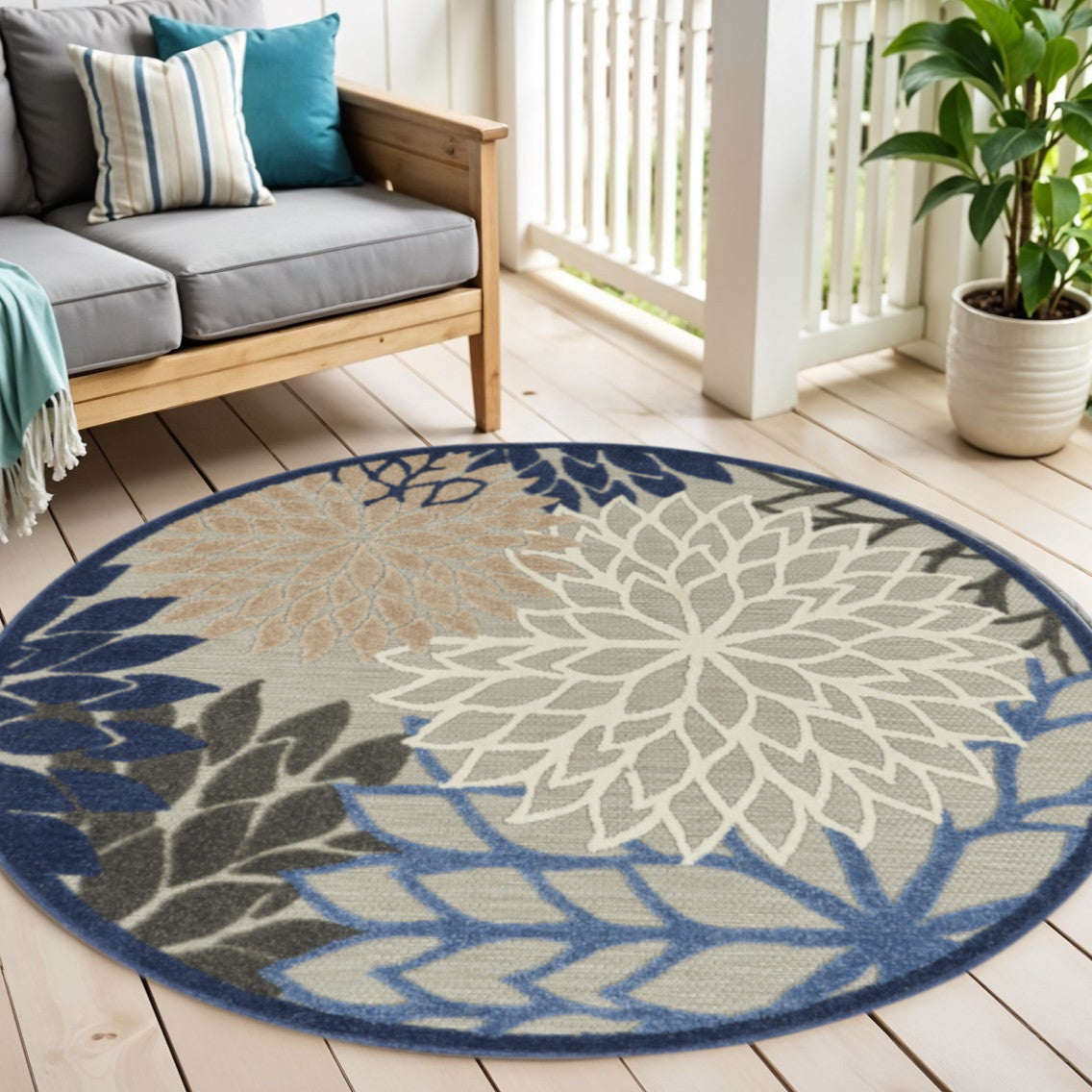 4' Blue And Gray Round Indoor Outdoor Area Rug