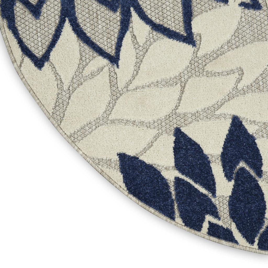 4' Ivory And Blue Round Indoor Outdoor Area Rug