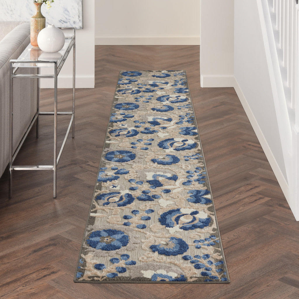 12' Blue And Gray Indoor Outdoor Runner Rug